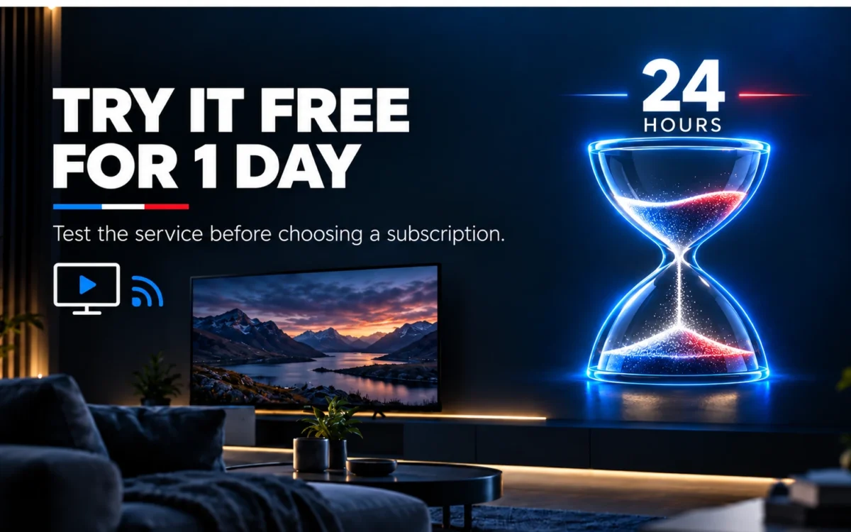 One-day IPTV free trial graphic showing a 24-hour hourglass and streaming TV in a modern living room.