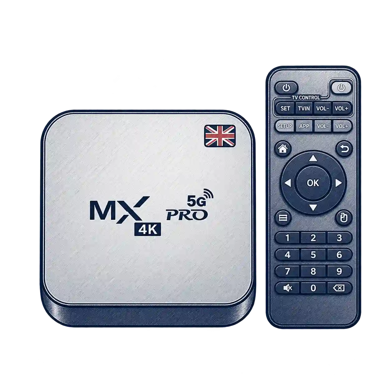 Android IPTV box with remote control for streaming live TV, sports and films on a television