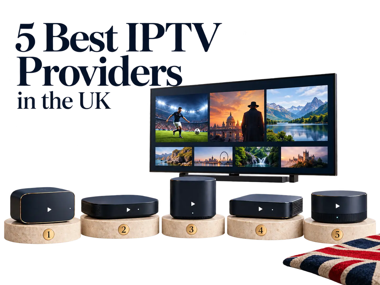 Comparison of five IPTV providers in the UK with streaming devices and a Smart TV displaying entertainment