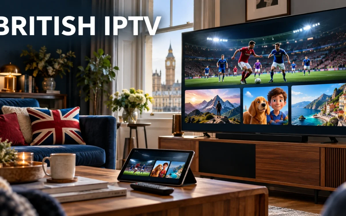 British IPTV on a smart TV and tablet showing football, films and family entertainment in a British living room.
