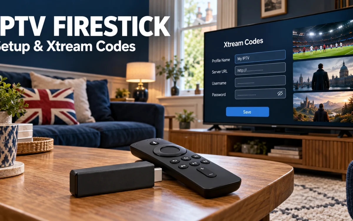 IPTV Firestick setup illustration with a streaming stick, remote and Xtream Codes login screen in a British living room.