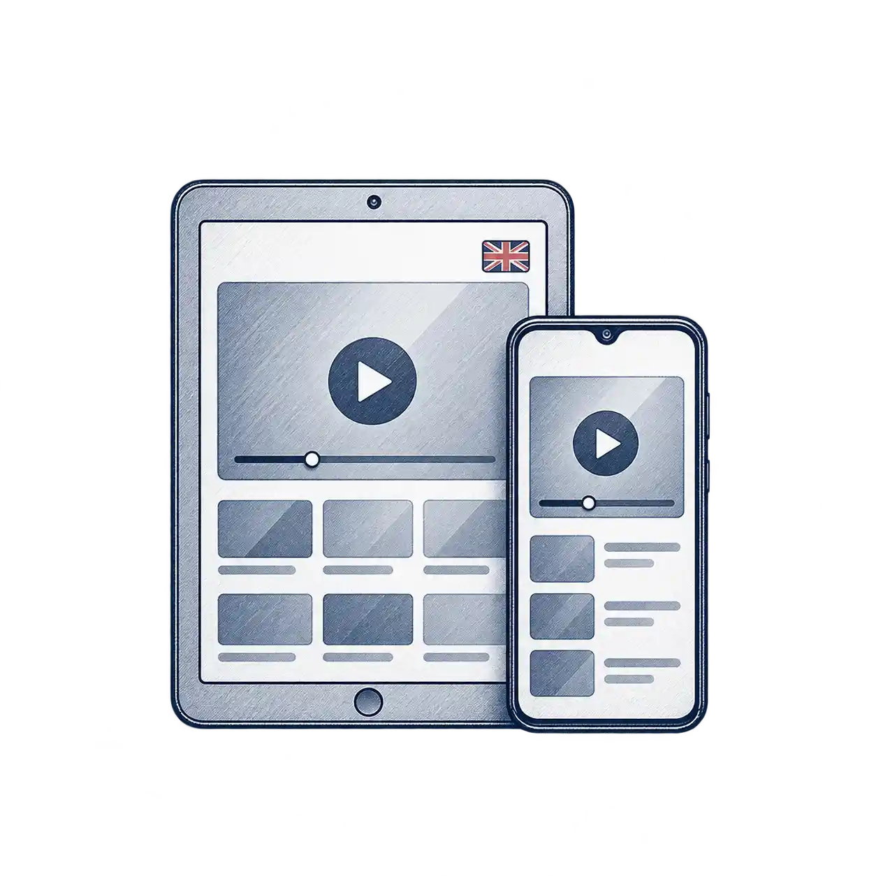 Smartphone and tablet displaying IPTV streaming interfaces for watching live TV, films and series