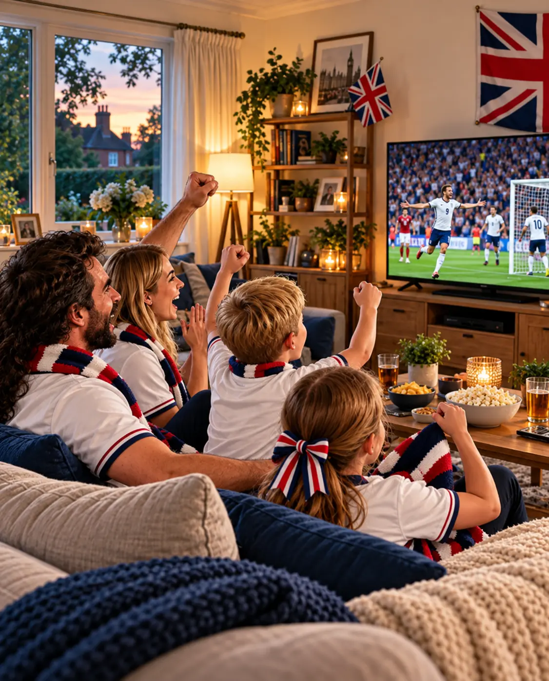 Family watching live football at home using an IPTV service in the UK