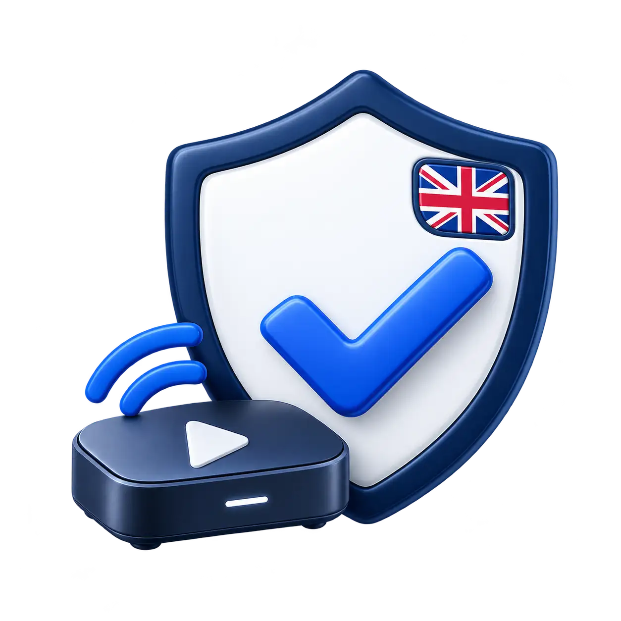 Reliable IPTV service in the UK represented by a security shield, checkmark and streaming device