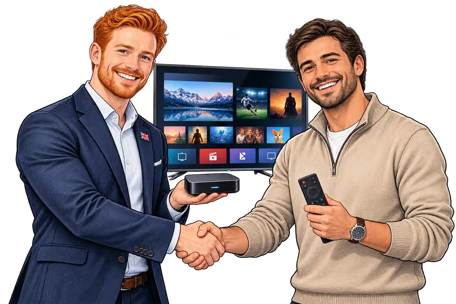 Satisfied IPTV customer shaking hands with a UK provider beside a TV and streaming box.