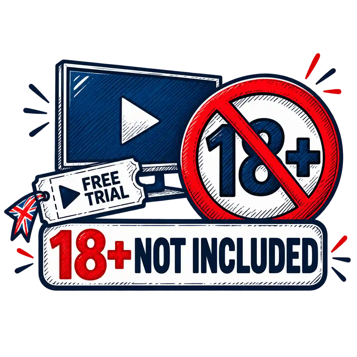 Sketch-style TV beside a crossed-out 18+ symbol, explaining that adult content is not included in the IPTV free trial.