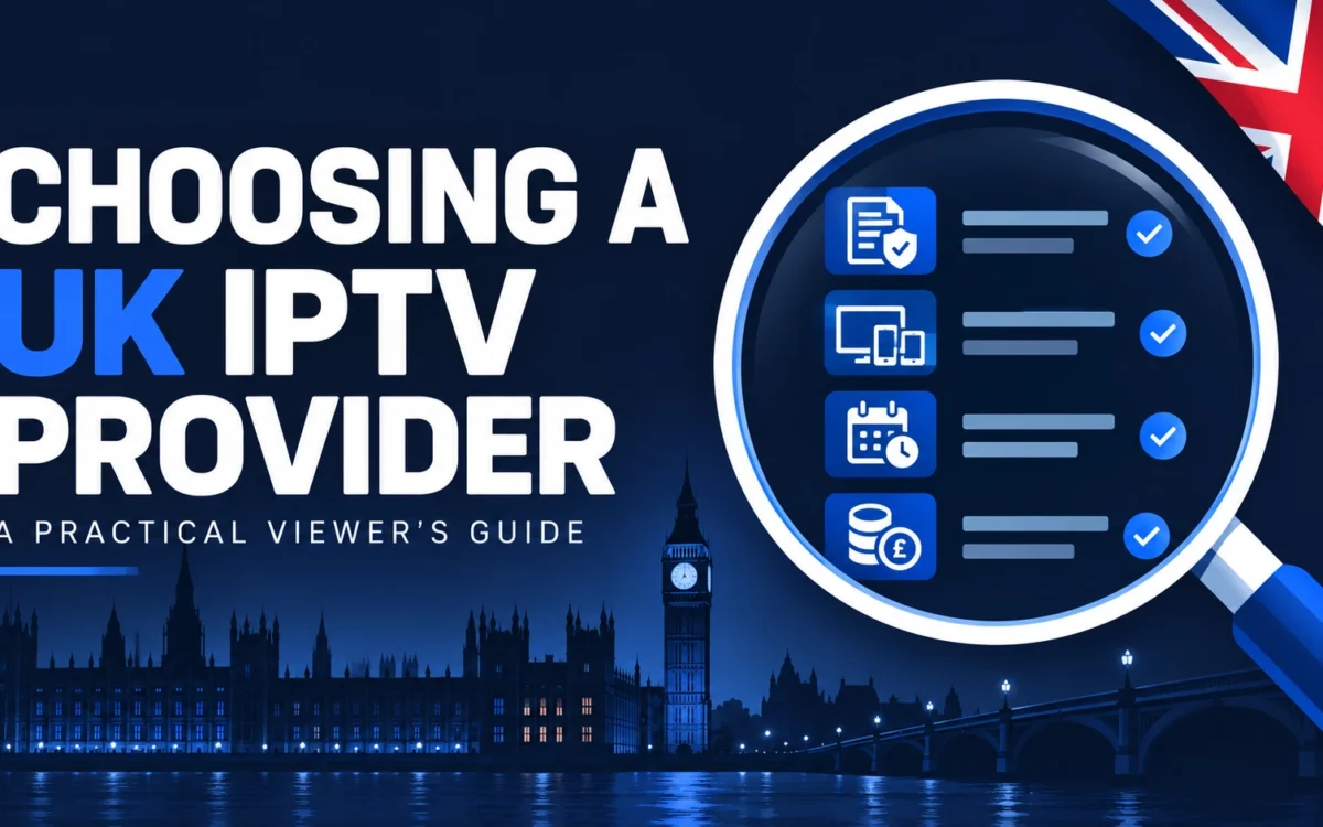 Illustrated guide to choosing a UK IPTV provider, with a checklist, magnifying glass and London skyline.