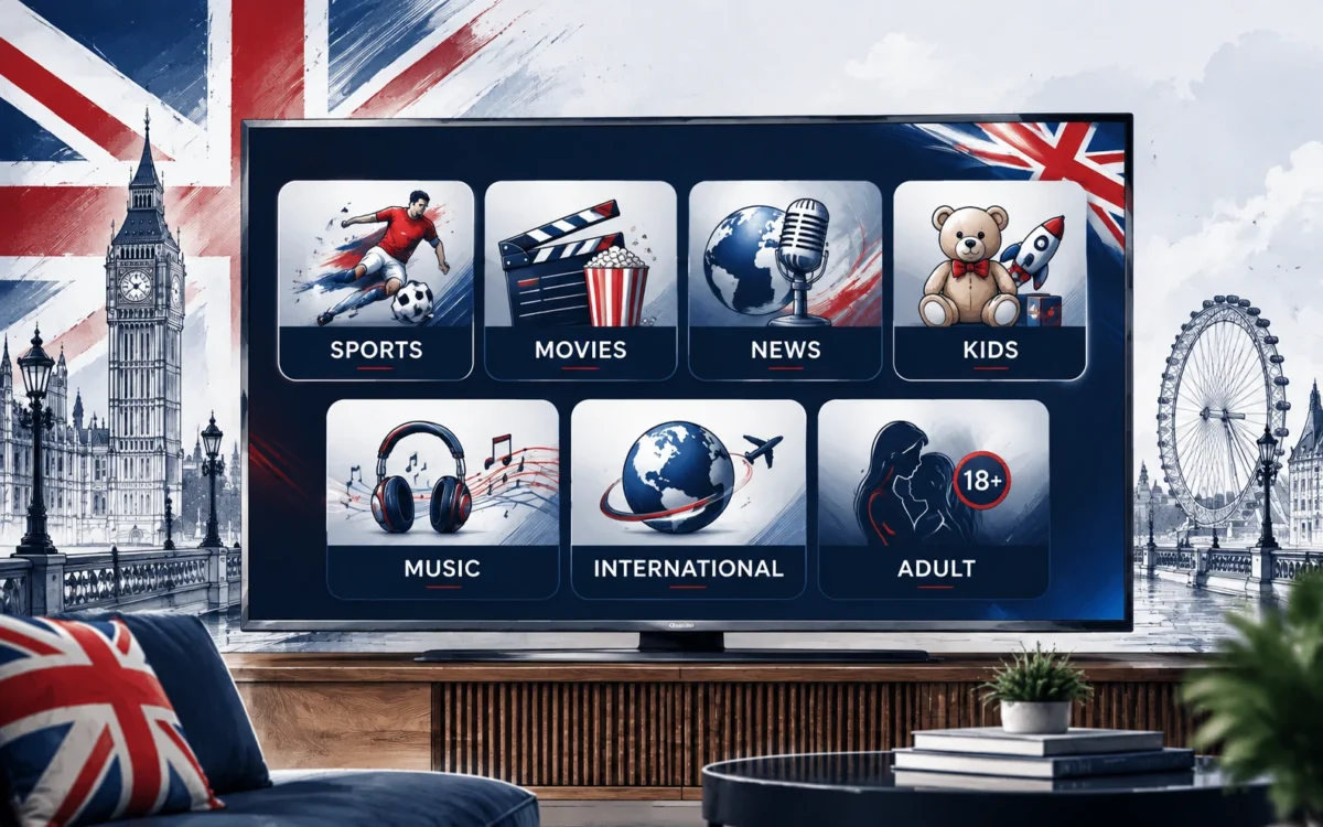 United Kingdom IPTV illustration with a television showing sports, movies, news, kids, music, international and adult categories beside London landmarks.